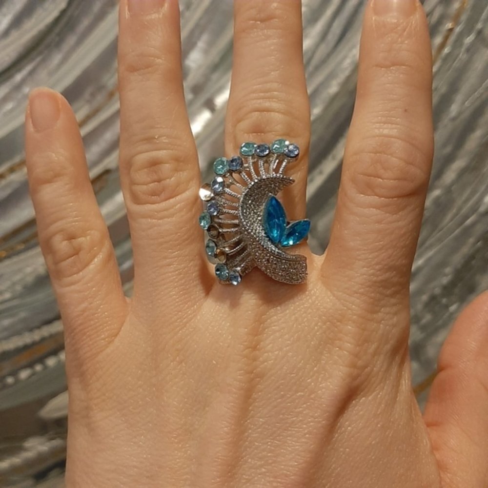 3Pc Set Of Rhinestone Cocktail Rings Aqua Statement Oversized Silver Adjustable - Picture 7 of 9